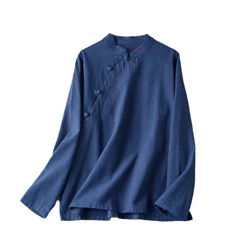 Bottone con nodo del colletto obliquo con Buddha Stones, abbigliamento in lino largo - Image 23