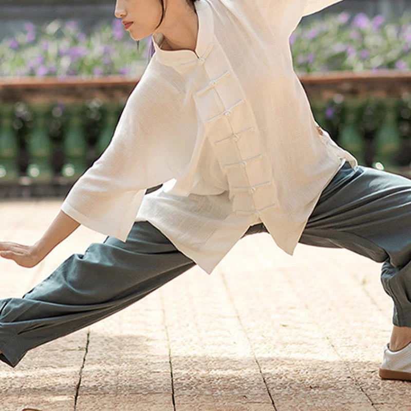 Buddha Stones Colore Solido Rana-Bottone Meditazione Preghiera Spirituale Zen Tai Chi Qigong Pratica Unisex Abbigliamento Set - Image 5