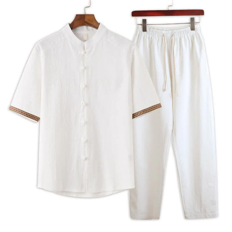 Buddha Stones Completo estivo da uomo composto da camicia a maniche corte con colletto alla coreana e bottoni a rana, pantaloni harem e tasche, ideale per la meditazione. - Image 11