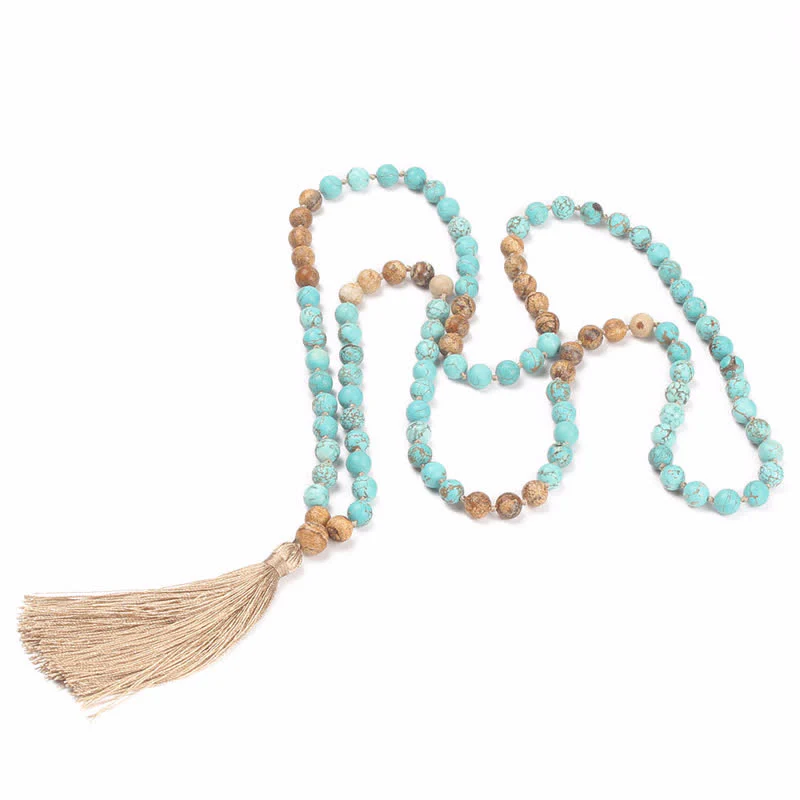 Buddha Stones con 108 perle di Mala in turchese e diaspro con nappa della saggezza - Image 2