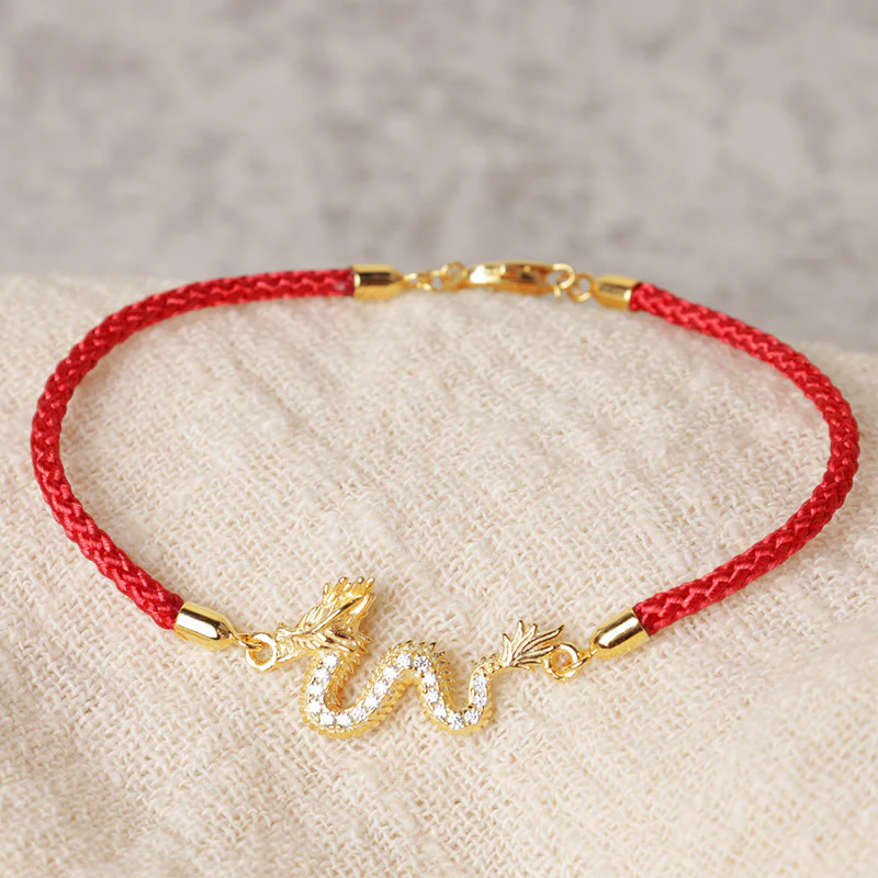 Buddha Stones con catena in corda rossa con drago dorato di buon auspicio, in argento sterling 925, anno del drago - Image 3