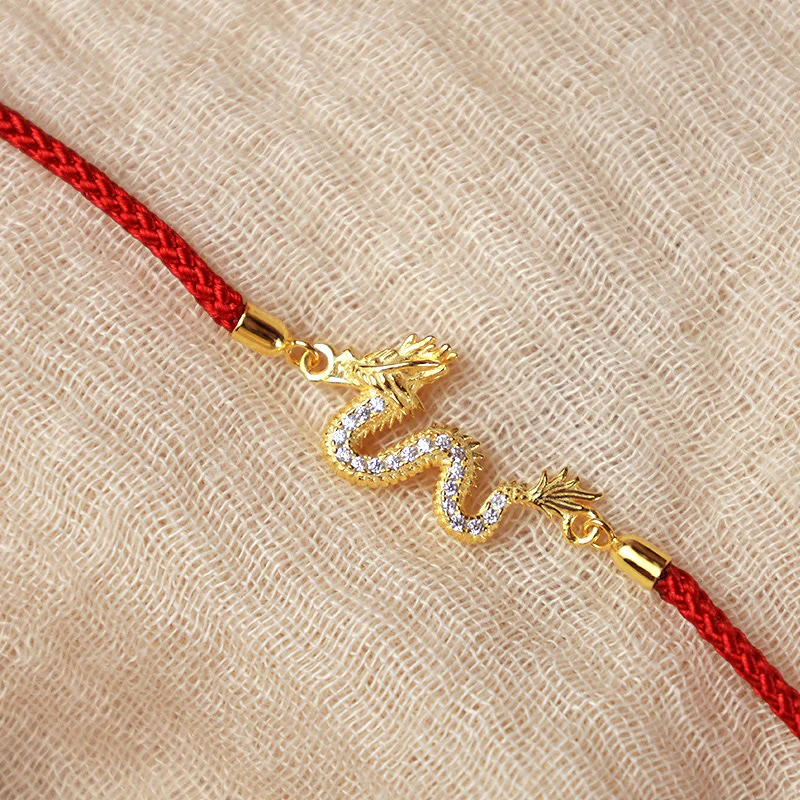 Buddha Stones con catena in corda rossa con drago dorato di buon auspicio, in argento sterling 925, anno del drago - Image 6