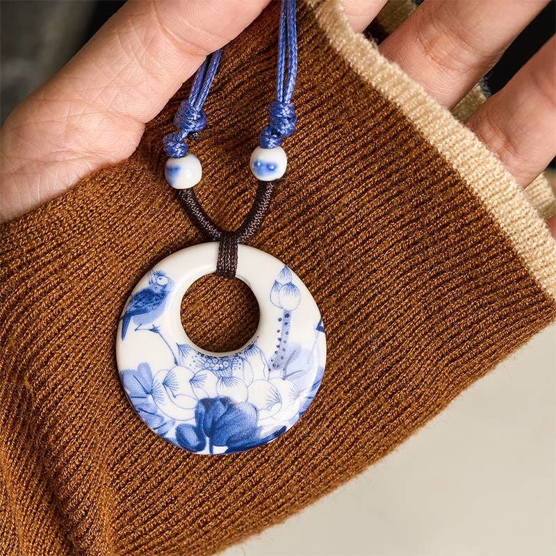 Buddha Stones con ciondolo dell'illuminazione in ceramica con simbolo di loto, simbolo etnico di peonia e fiori di pesco. - Image 4