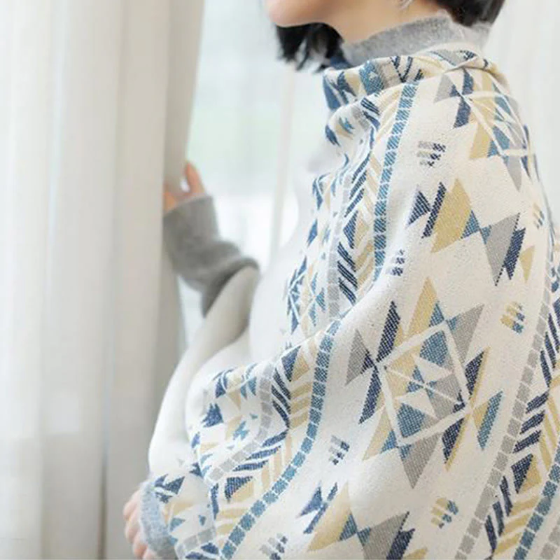 Buddha Stones con motivo geometrico beige tibetano con nappe, autunno inverno, sciarpa calda avvolgente - Image 7