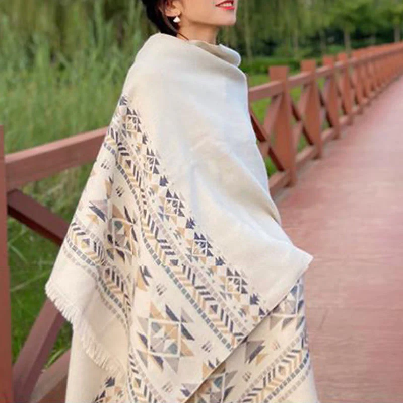 Buddha Stones con motivo geometrico beige tibetano con nappe, autunno inverno, sciarpa calda avvolgente - Image 9