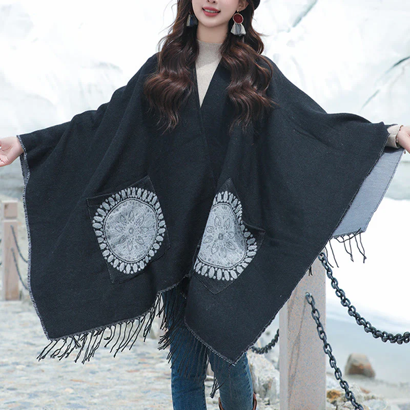 Buddha Stones con nappe, scialle avvolgente con tasche, motivo geometrico rotondo mandala tibetano, autunno inverno - Image 11