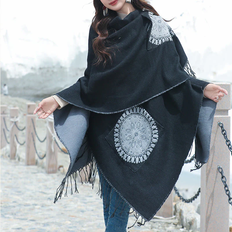 Buddha Stones con nappe, scialle avvolgente con tasche, motivo geometrico rotondo mandala tibetano, autunno inverno - Image 12