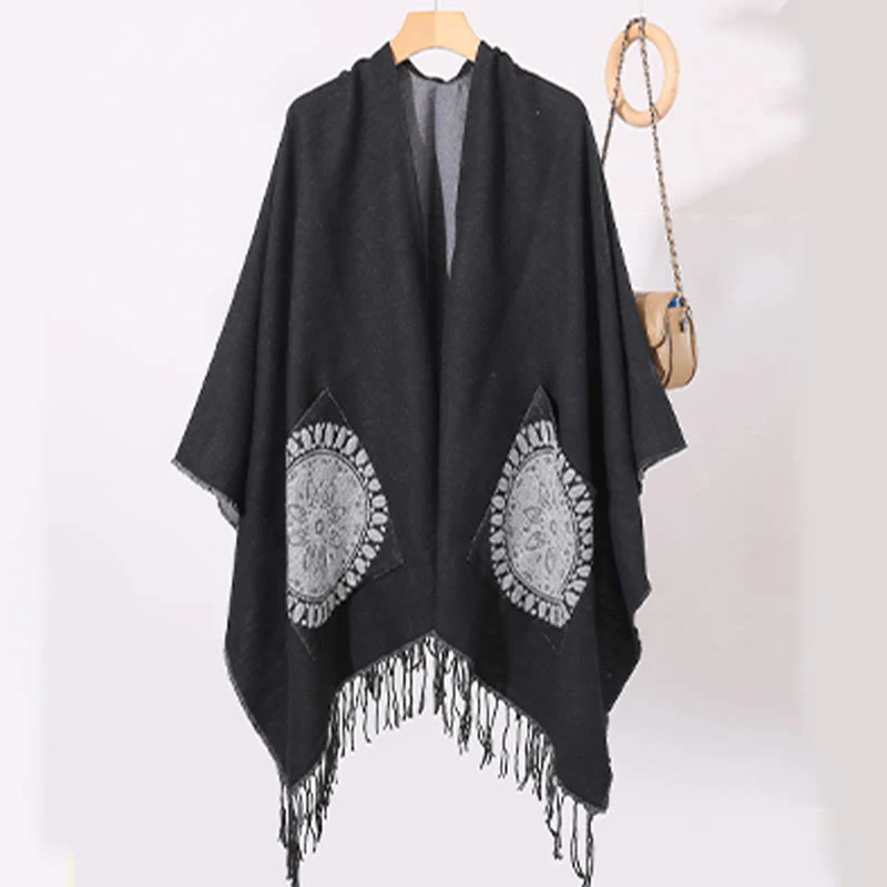 Buddha Stones con nappe, scialle avvolgente con tasche, motivo geometrico rotondo mandala tibetano, autunno inverno - Image 13
