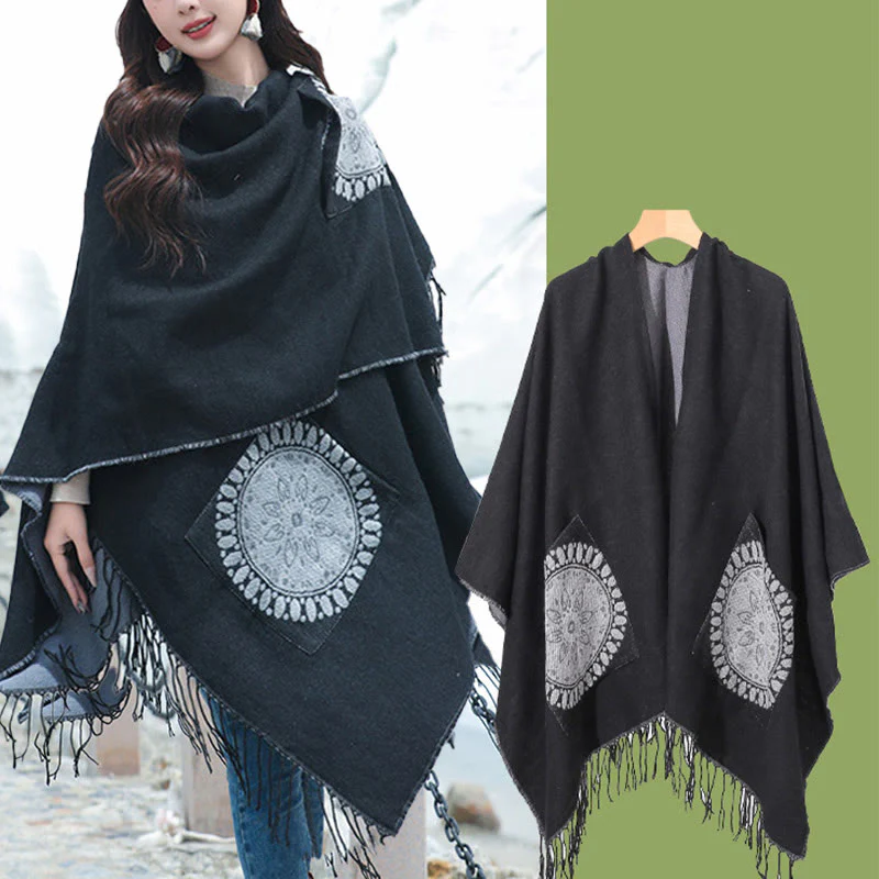 Buddha Stones con nappe, scialle avvolgente con tasche, motivo geometrico rotondo mandala tibetano, autunno inverno - Image 14
