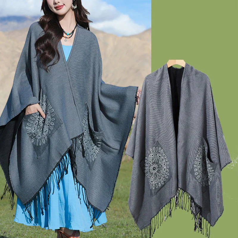 Buddha Stones con nappe, scialle avvolgente con tasche, motivo geometrico rotondo mandala tibetano, autunno inverno - Image 20