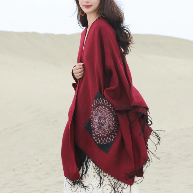 Buddha Stones con nappe, scialle avvolgente con tasche, motivo geometrico rotondo mandala tibetano, autunno inverno - Image 25