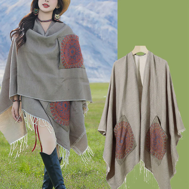 Buddha Stones con nappe, scialle avvolgente con tasche, motivo geometrico rotondo mandala tibetano, autunno inverno - Image 33