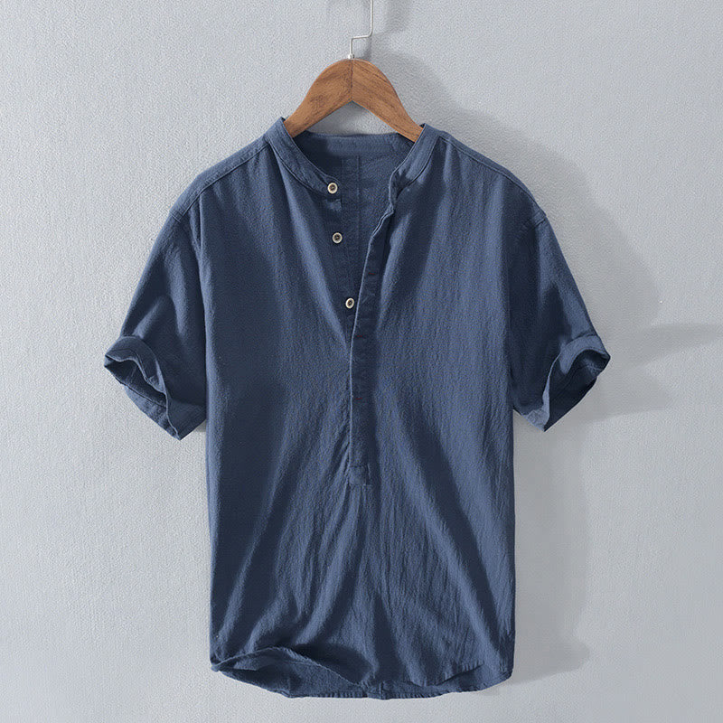 Camicia da uomo a maniche corte con mezza abbottonatura, tinta unita, con motivo Buddha Stones. Abbigliamento in cotone.
