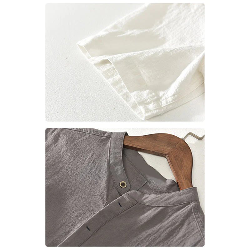 Camicia da uomo a maniche corte con mezza abbottonatura, tinta unita, con motivo Buddha Stones. Abbigliamento in cotone. - Image 14