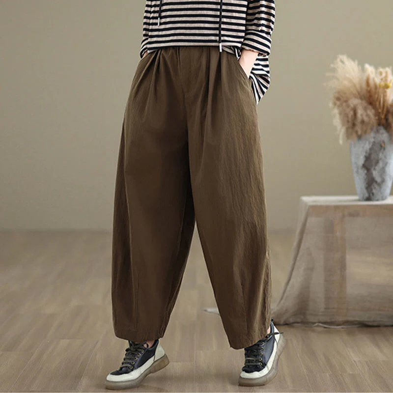 Pantaloni da donna con elastico in vita, casual, tinta unita, con un bottone superiore e tasche , Buddha Stones - Image 4