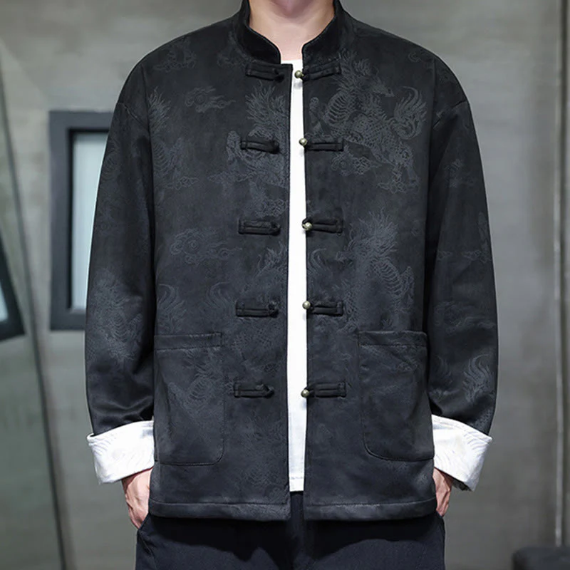 Buddha Stones da uomo con bottoni a forma di rana, camicia con tasche, abito cinese di Capodanno, stampa Kirin - Image 15