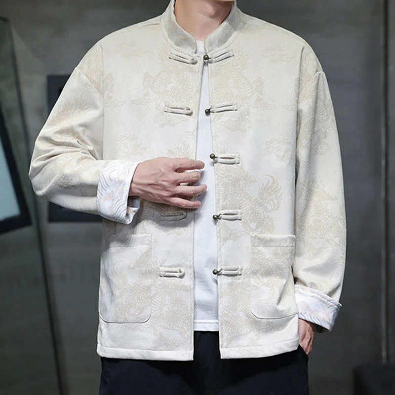 Buddha Stones da uomo con bottoni a forma di rana, camicia con tasche, abito cinese di Capodanno, stampa Kirin - Image 24