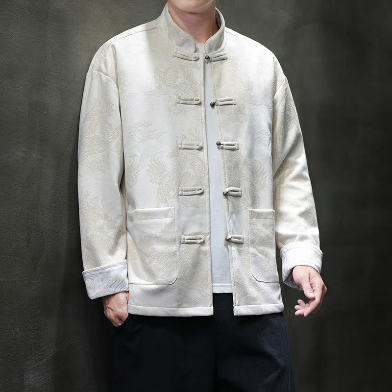 Buddha Stones da uomo con bottoni a forma di rana, camicia con tasche, abito cinese di Capodanno, stampa Kirin - Image 29