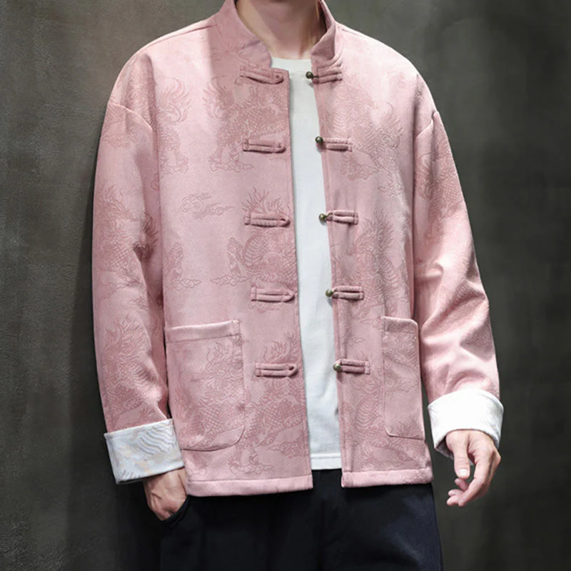 Buddha Stones da uomo con bottoni a forma di rana, camicia con tasche, abito cinese di Capodanno, stampa Kirin - Image 32
