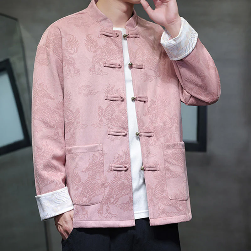 Buddha Stones da uomo con bottoni a forma di rana, camicia con tasche, abito cinese di Capodanno, stampa Kirin - Image 33