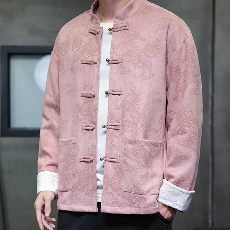 Buddha Stones da uomo con bottoni a forma di rana, camicia con tasche, abito cinese di Capodanno, stampa Kirin - Image 36