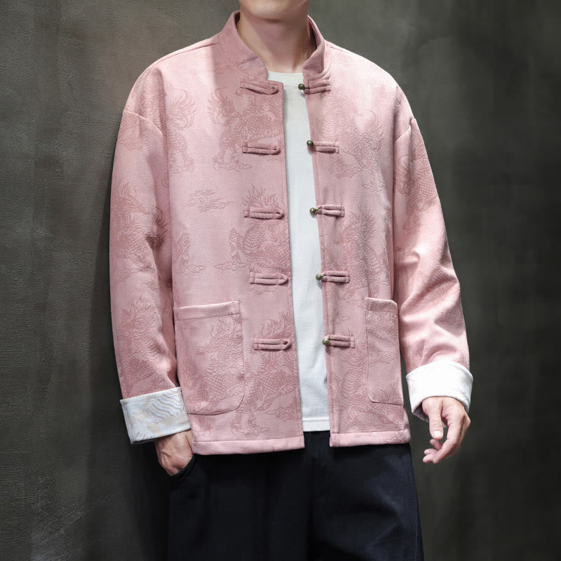 Buddha Stones da uomo con bottoni a forma di rana, camicia con tasche, abito cinese di Capodanno, stampa Kirin - Image 37