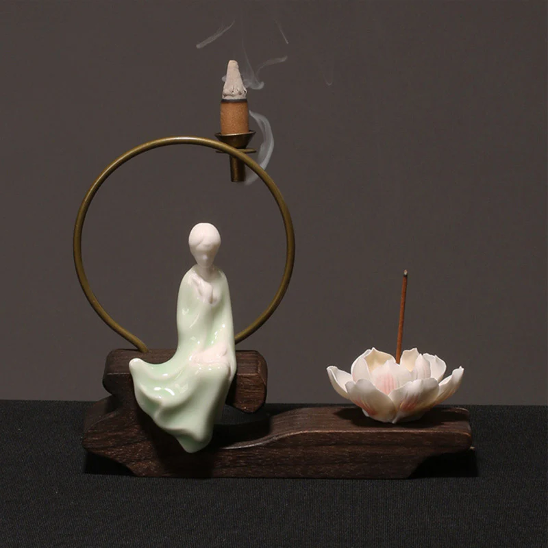 Buddha Stones Decorazione bruciatore di incenso in ceramica per meditazione curativa a forma di loto - Image 15