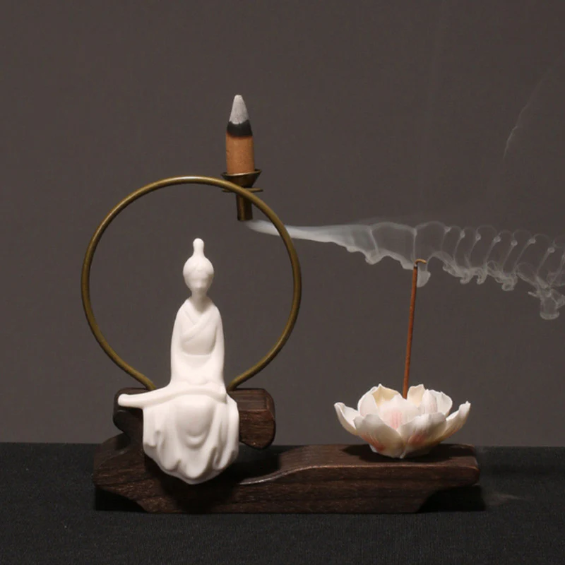 Buddha Stones Decorazione bruciatore di incenso in ceramica per meditazione curativa a forma di loto - Image 5