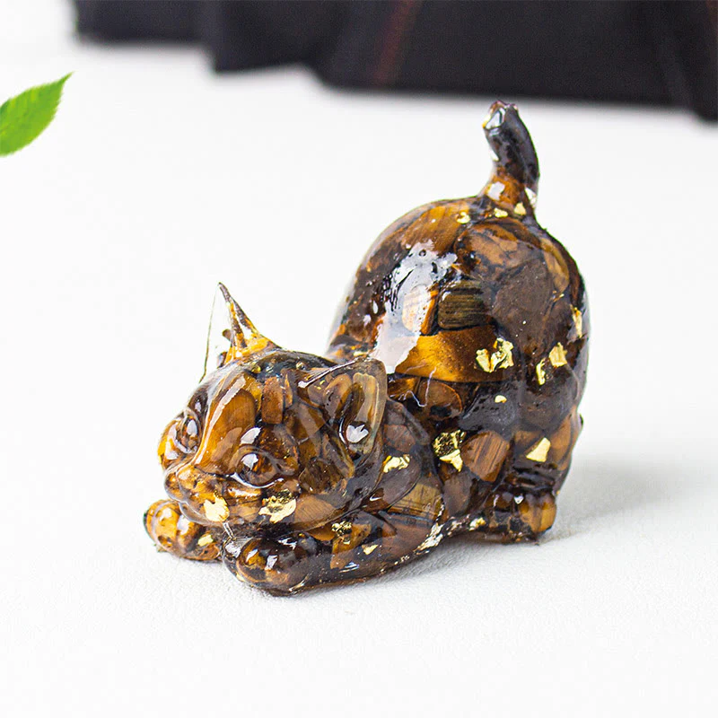 Buddha Stones Decorazione per meditazione con gatto che si stira, resina, cristalli e ghiaia. - Image 11