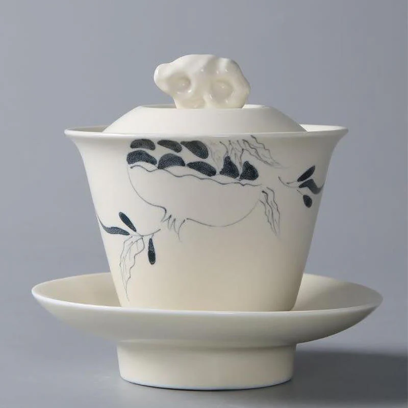 Buddha Stones dipinto a mano melograno ibisco pino loto ceramica gaiwan sancai tazza da tè kung fu tazza da tè e piattino con coperchio - Image 10