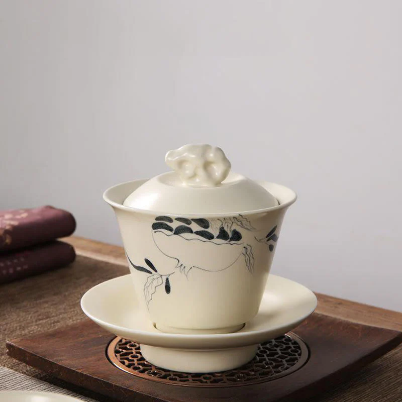 Buddha Stones dipinto a mano melograno ibisco pino loto ceramica gaiwan sancai tazza da tè kung fu tazza da tè e piattino con coperchio - Image 11