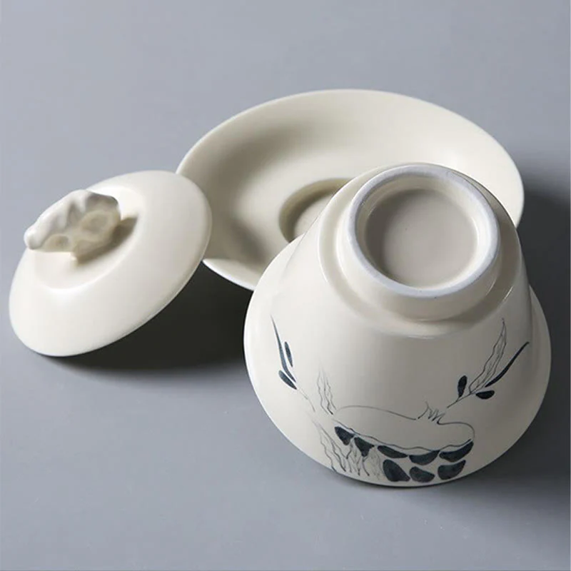 Buddha Stones dipinto a mano melograno ibisco pino loto ceramica gaiwan sancai tazza da tè kung fu tazza da tè e piattino con coperchio - Image 15