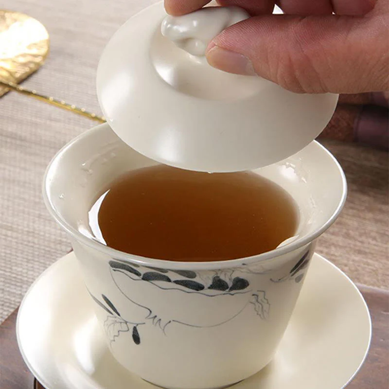 Buddha Stones dipinto a mano melograno ibisco pino loto ceramica gaiwan sancai tazza da tè kung fu tazza da tè e piattino con coperchio - Image 17