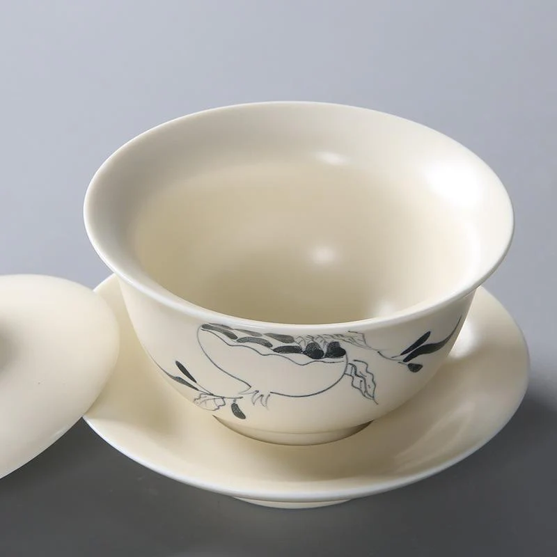 Buddha Stones dipinto a mano melograno ibisco pino loto ceramica gaiwan sancai tazza da tè kung fu tazza da tè e piattino con coperchio - Image 2