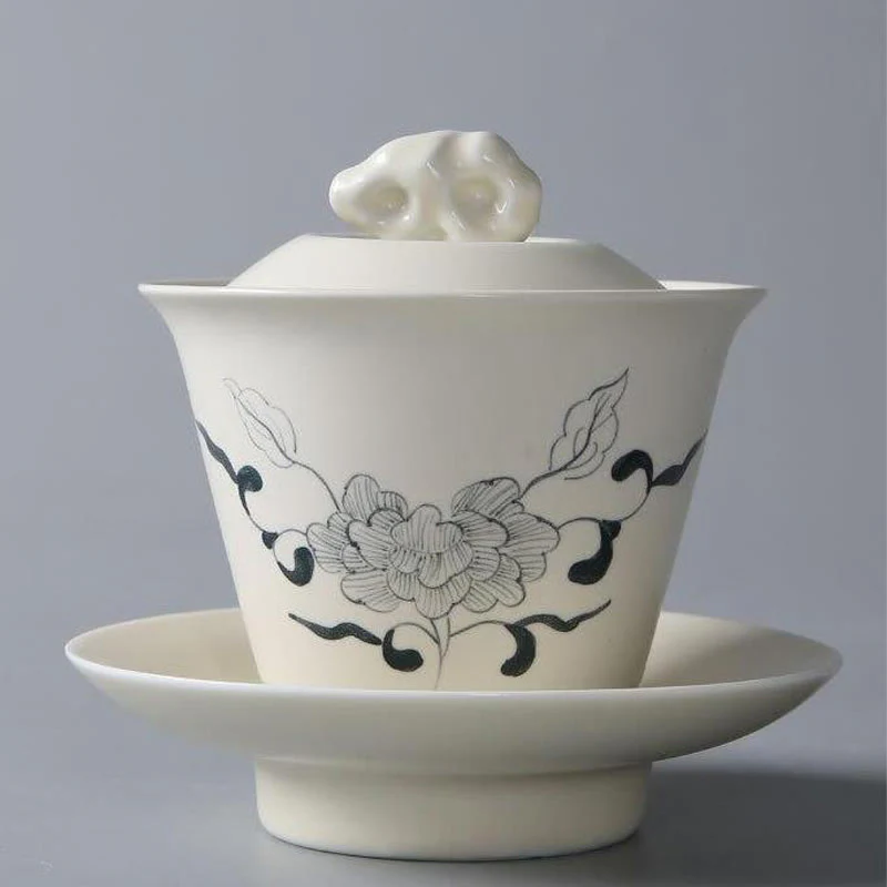 Buddha Stones dipinto a mano melograno ibisco pino loto ceramica gaiwan sancai tazza da tè kung fu tazza da tè e piattino con coperchio - Image 20