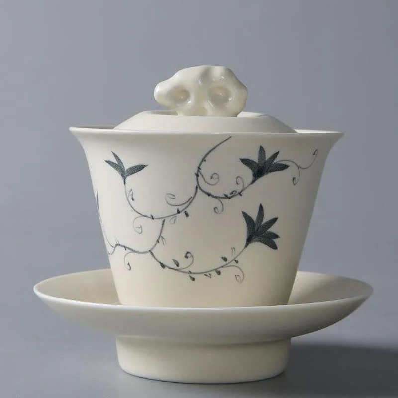 Buddha Stones dipinto a mano melograno ibisco pino loto ceramica gaiwan sancai tazza da tè kung fu tazza da tè e piattino con coperchio - Image 22