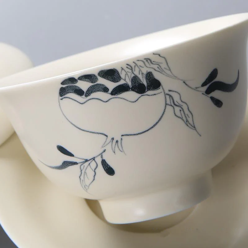 Buddha Stones dipinto a mano melograno ibisco pino loto ceramica gaiwan sancai tazza da tè kung fu tazza da tè e piattino con coperchio - Image 4