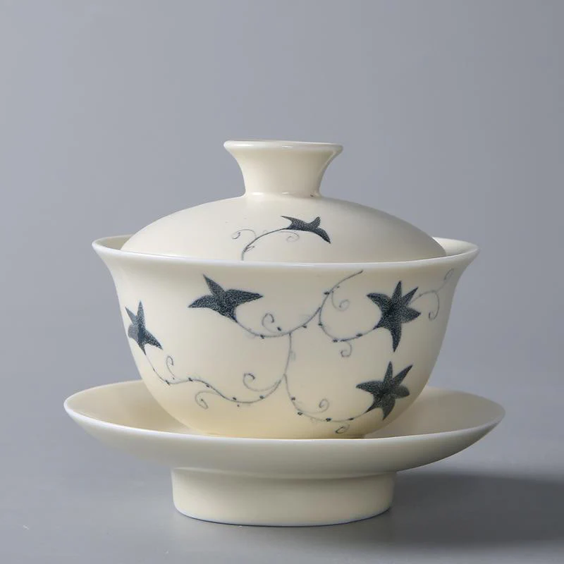Buddha Stones dipinto a mano melograno ibisco pino loto ceramica gaiwan sancai tazza da tè kung fu tazza da tè e piattino con coperchio - Image 8
