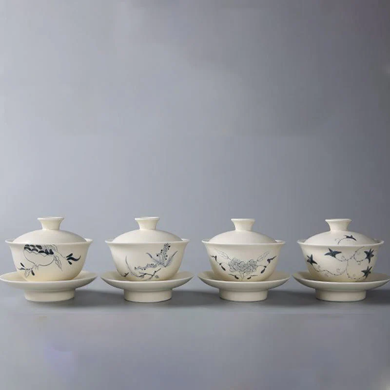 Buddha Stones dipinto a mano melograno ibisco pino loto ceramica gaiwan sancai tazza da tè kung fu tazza da tè e piattino con coperchio - Image 9
