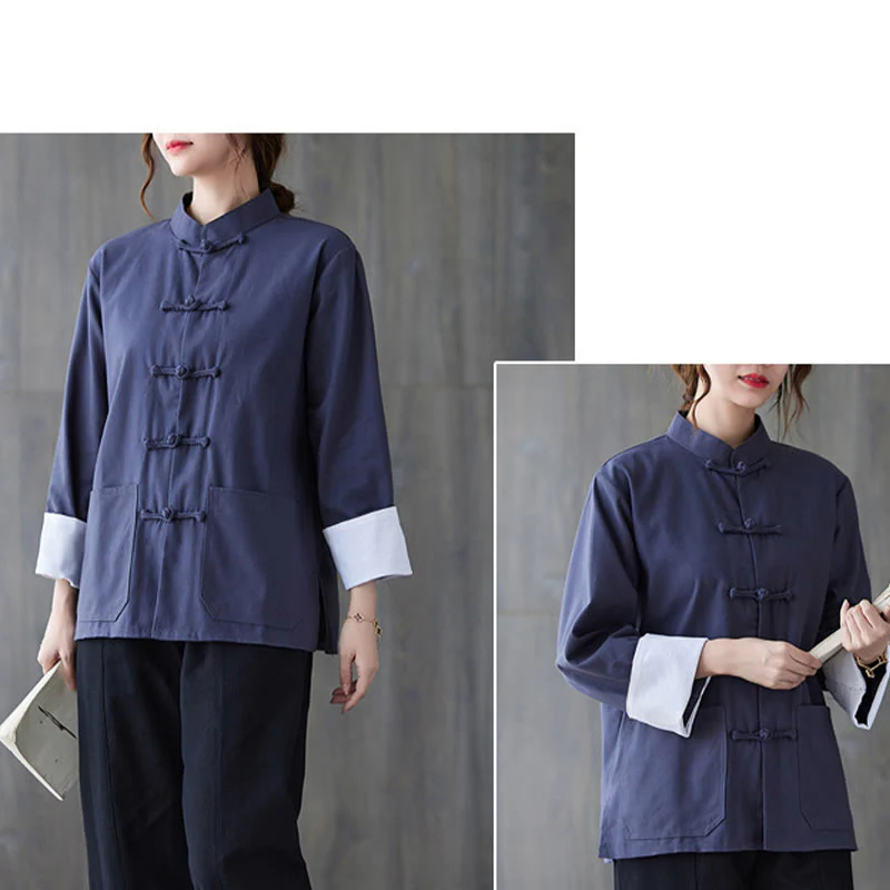 Buddha Stones Donna Camicia Manica Lunga con Bottoni a Rana Pantaloni Meditazione Cotone Lino Abbigliamento - Image 19