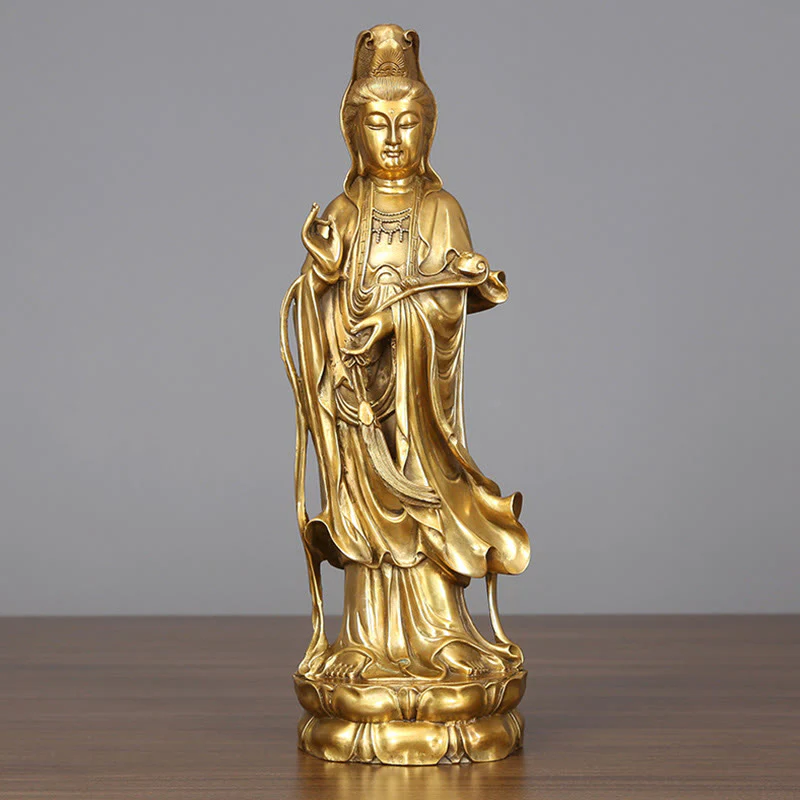 Buddha Stones Dorate in Piedi Kwan Yin Avalokitesvara Ricchezza Ottone Rame Statua Decorazione Scrivania Casa