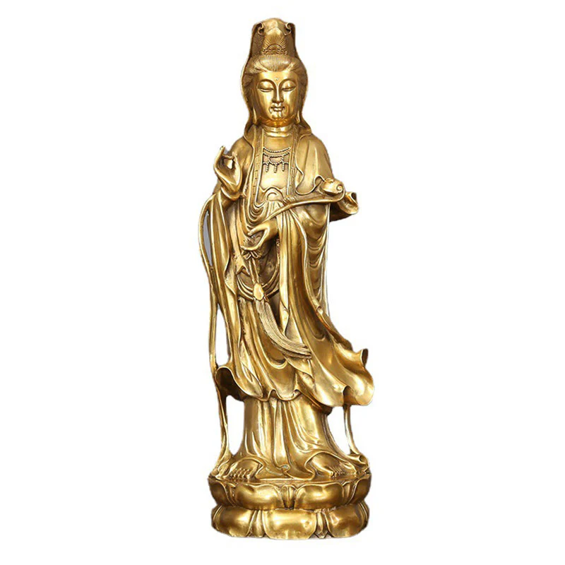 Buddha Stones Dorate in Piedi Kwan Yin Avalokitesvara Ricchezza Ottone Rame Statua Decorazione Scrivania Casa - Image 12