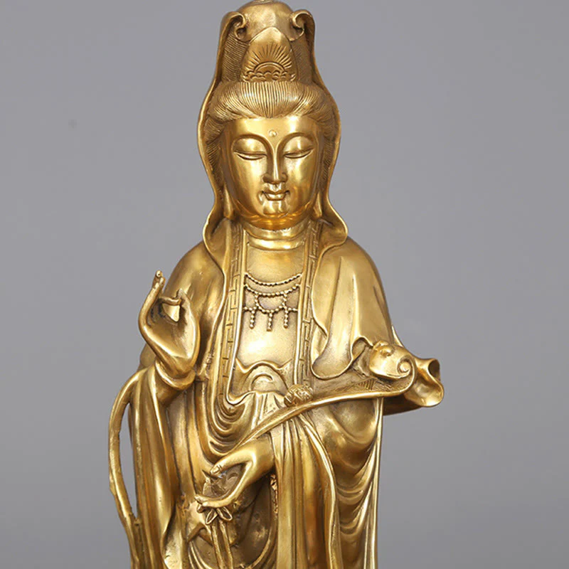 Buddha Stones Dorate in Piedi Kwan Yin Avalokitesvara Ricchezza Ottone Rame Statua Decorazione Scrivania Casa - Image 8