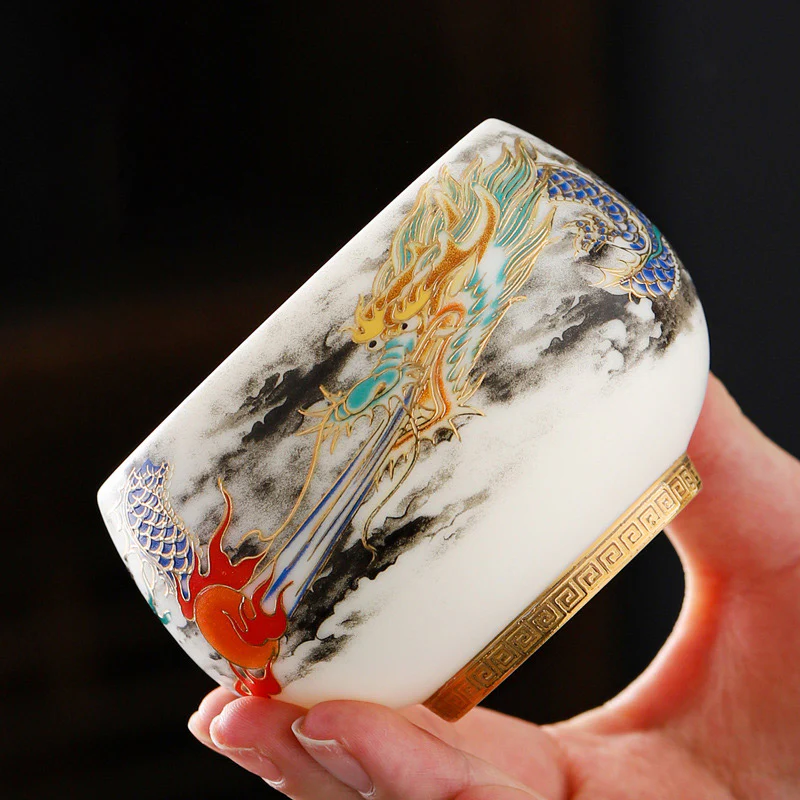 Buddha Stones Drago che gioca con la perla Design Tazza da tè in porcellana bianca Tazza da tè Kung Fu 160ml - Image 3