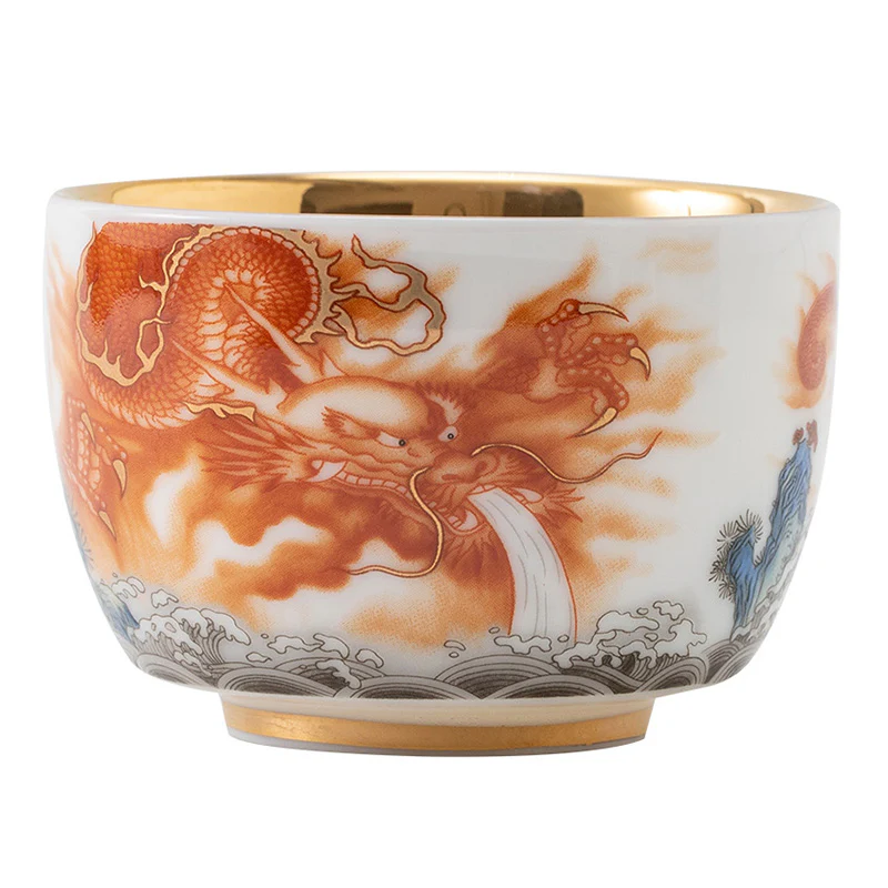 Buddha Stones Drago Fenice Gru Sole Oceano Onde Tazza da tè in ceramica dorata Tazza da tè Kung Fu 170ml - Image 10