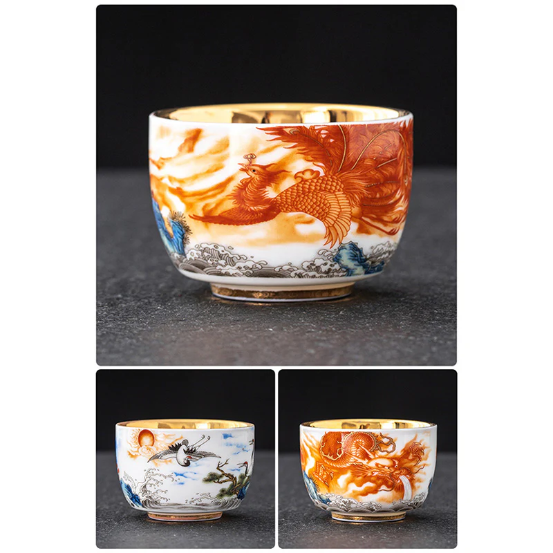 Buddha Stones Drago Fenice Gru Sole Oceano Onde Tazza da tè in ceramica dorata Tazza da tè Kung Fu 170ml - Image 14