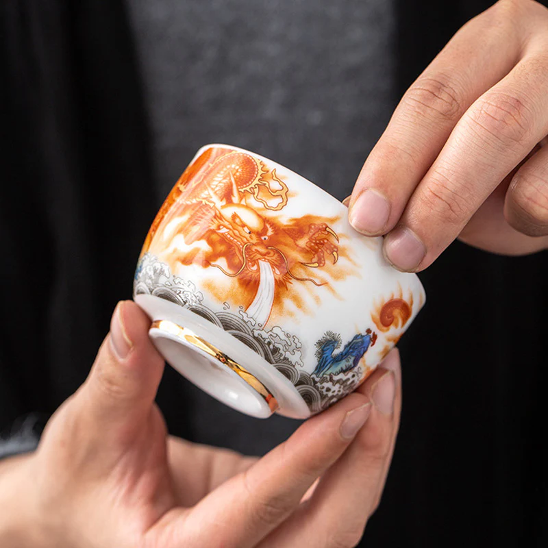 Buddha Stones Drago Fenice Gru Sole Oceano Onde Tazza da tè in ceramica dorata Tazza da tè Kung Fu 170ml - Image 3