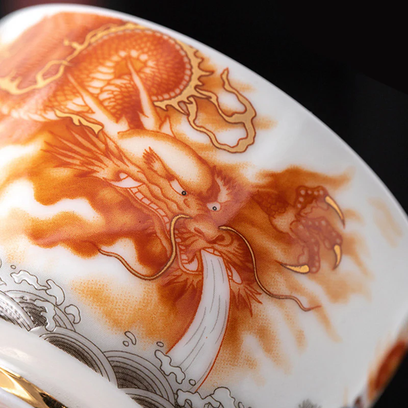 Buddha Stones Drago Fenice Gru Sole Oceano Onde Tazza da tè in ceramica dorata Tazza da tè Kung Fu 170ml - Image 6