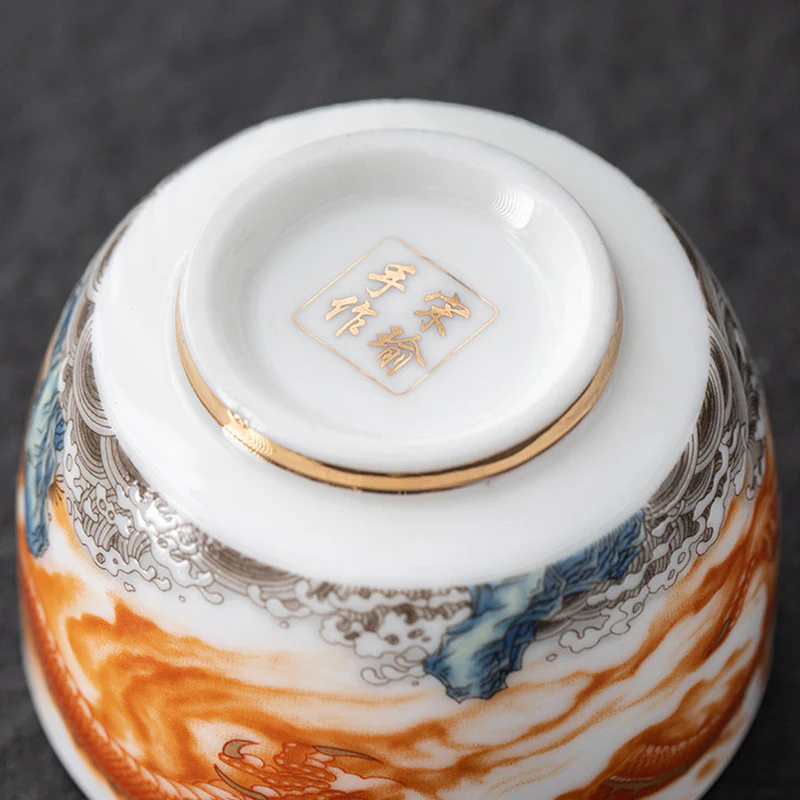 Buddha Stones Drago Fenice Gru Sole Oceano Onde Tazza da tè in ceramica dorata Tazza da tè Kung Fu 170ml - Image 7