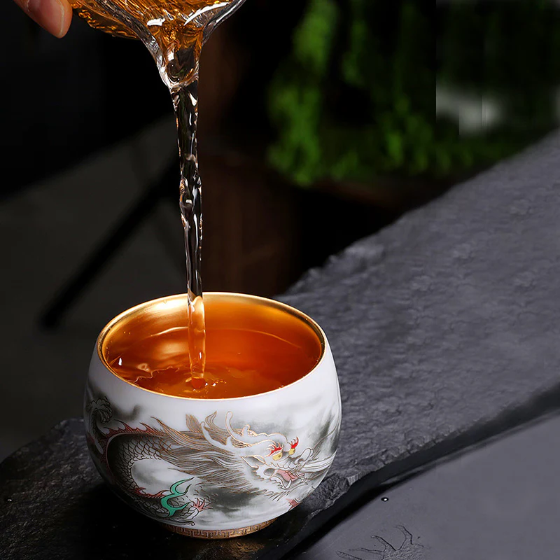 Buddha Stones Drago Zucca Dorata Ceramica Porcellana Bianca Tazza da Tè Kung Fu Tazza da Tè 160ml - Image 6
